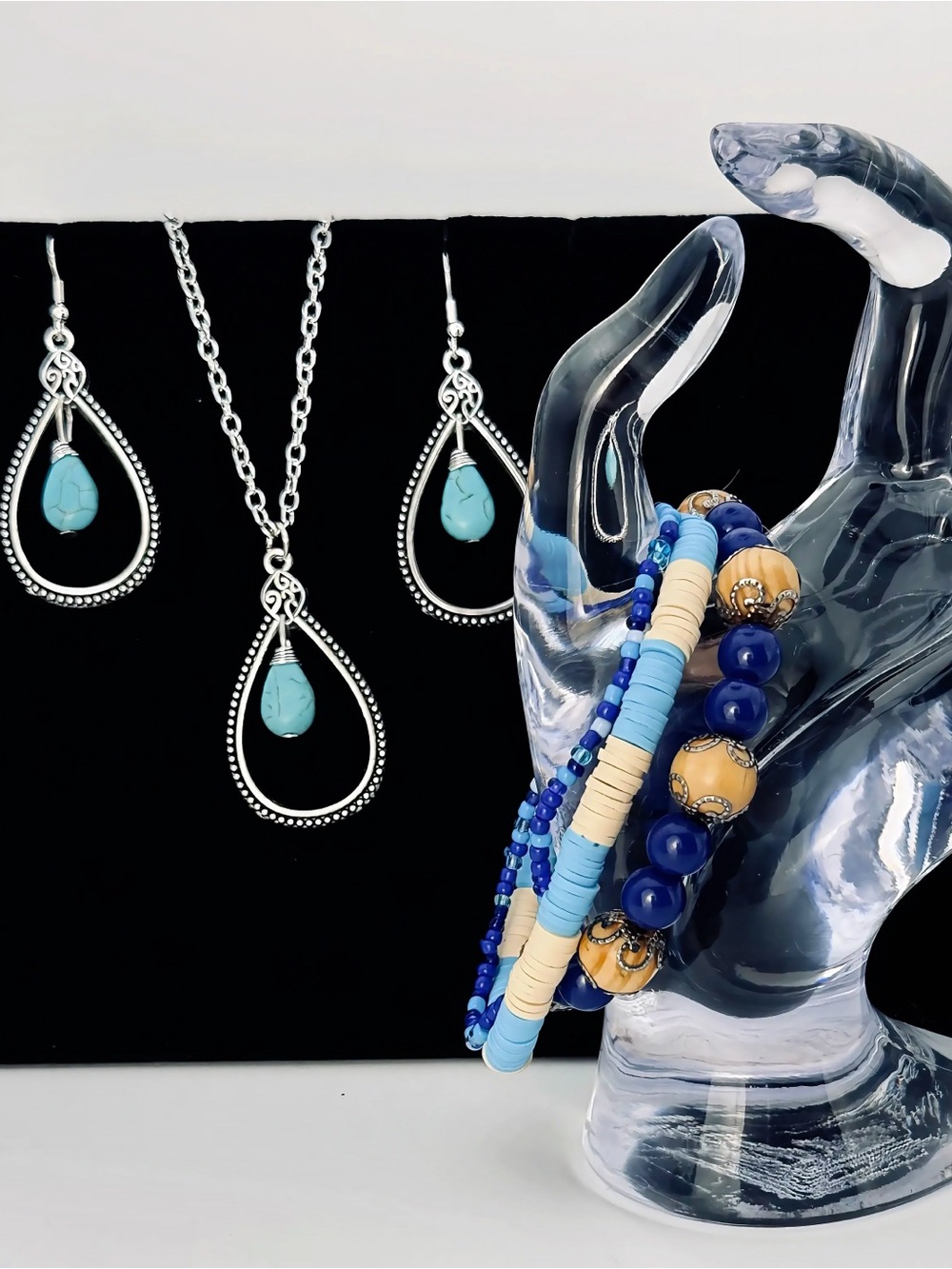 Layered Turquoise Teardrop Necklace & Earring Set with 3 Blue Beaded Bracelets